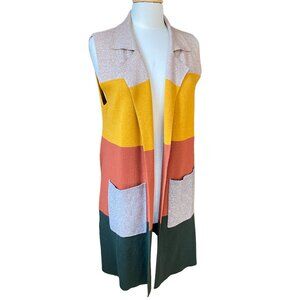 THML Color Block Longline Knit Open Cardigan Sleeveless Western Ranch Fall-L